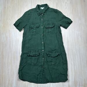 Sundance Army Green Harper Linen Cargo Button Up Utility Safari Shirt Dress XS